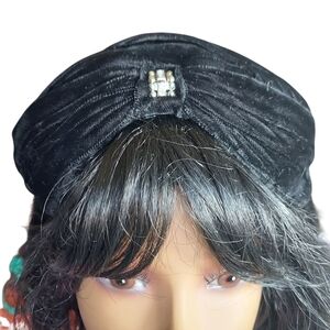 Valerie Modes Vintage Black Velvet Hat With Rhinestone Beaded Brooch